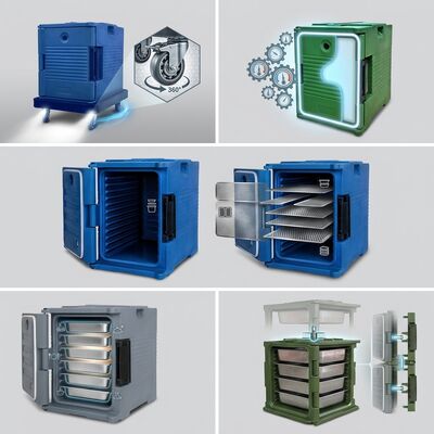 Insulated Food Delivery Box 90L Restaurant Hot Meal Transport Carrier PE Rotomolded Four Casters 635x460x640mm